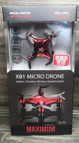 Red micro quadcopter drone box with illustrated red drone