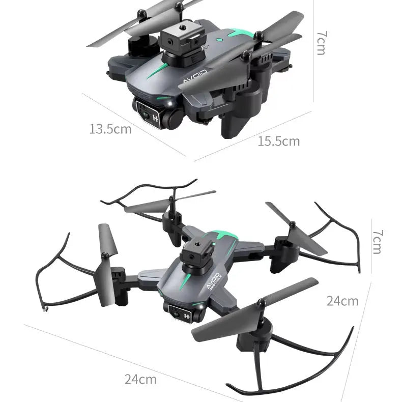 Compact quadcopter drone with dual camera, four gray arms and black body, propellers attached