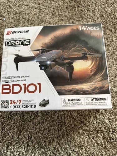 Remote control drone retail box with pictured quadcopter and controller graphics