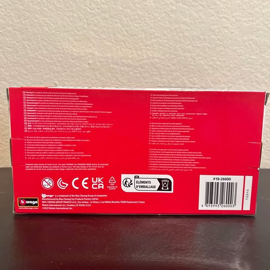 Ferrari 488 Pista 1:24 diecast car box back with barcode and labels