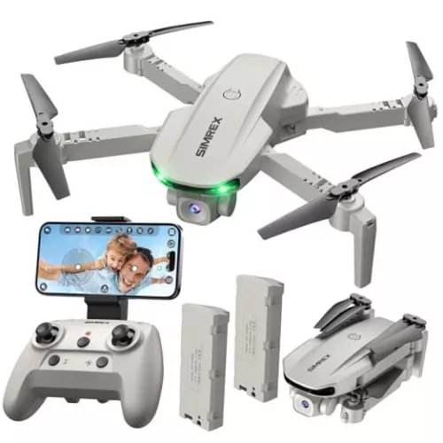 Gray quadcopter drone with camera, green LED light, remote controller, and phone screen view