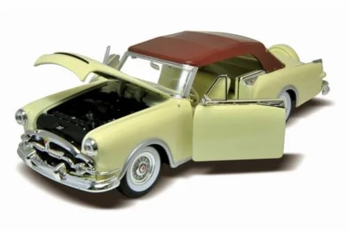 Light green 1953 Packard diecast car model with brown convertible top and open doors