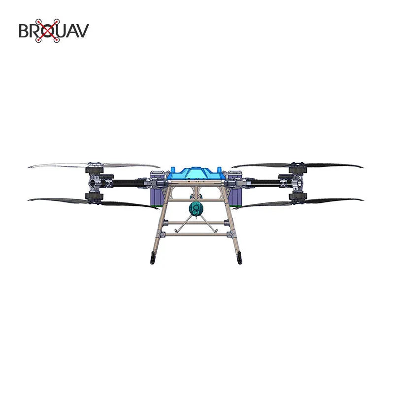 Delivery drone with blue frame, quad propellers and landing legs