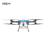 Delivery drone with blue frame, quad propellers and landing legs