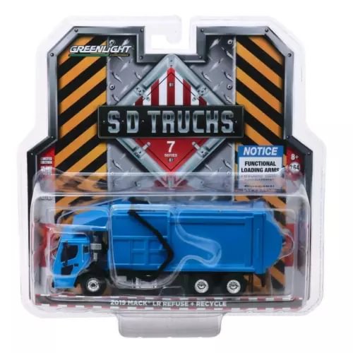 Greenlight diecast refuse garbage truck model in blue, packaged with loading arms