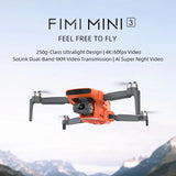 FIMI Mini 3 mini camera drone, orange quadcopter with front camera and propellers