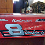Red diecast stock car with Budweiser logos and large '8' on side