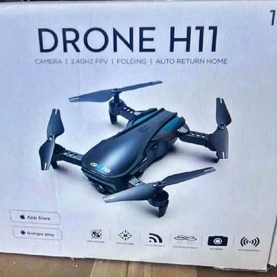 Folding quadcopter drone with camera, dark blue and black body, four propellers