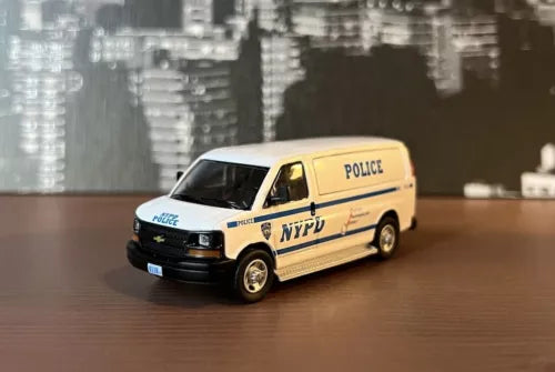 NYPD police van diecast metal toy, white and yellow with police text on side