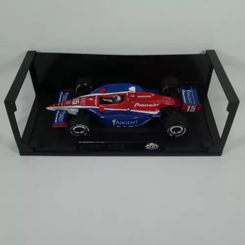Red #15 diecast race car model with Pioneer and Argent decals, in display box