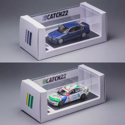 Diecast model car toy in clear display box, blue race sedan with decals