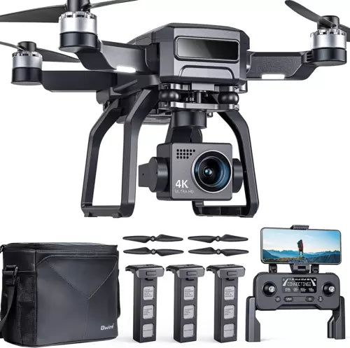 Quadcopter drone with 4K camera and gimbal, remote controller, batteries, and propellers
