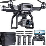 Foldable quadcopter drone with 4K camera, remote controller, spare batteries, and case