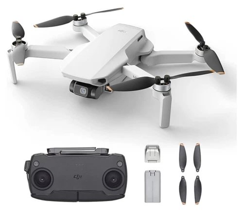 DJI Mini SE camera drone with white quadcopter body, forward camera, and shown accessories