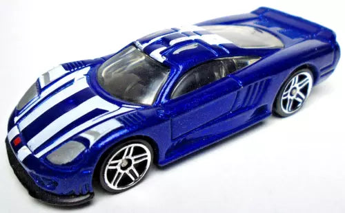 Blue diecast toy car with white racing stripes and silver wheels