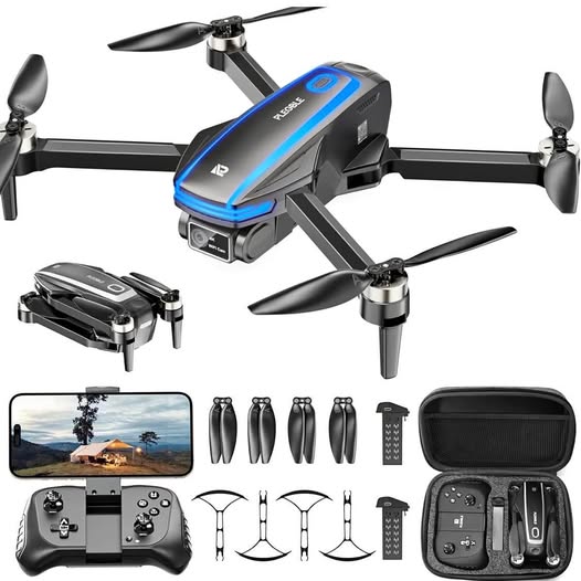 Foldable quadcopter drone with 4K camera, LED strip, four propellers and controller set