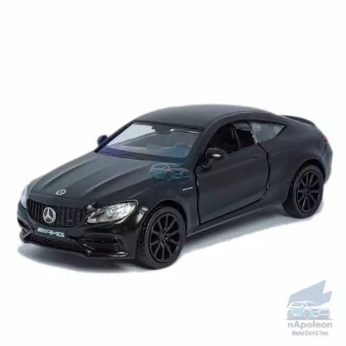 Black diecast Mercedes-AMG C63 coupe model car, front three-quarter view
