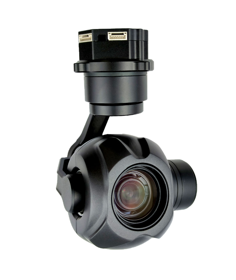 Small gimbal drone camera module with front lens and mounting head