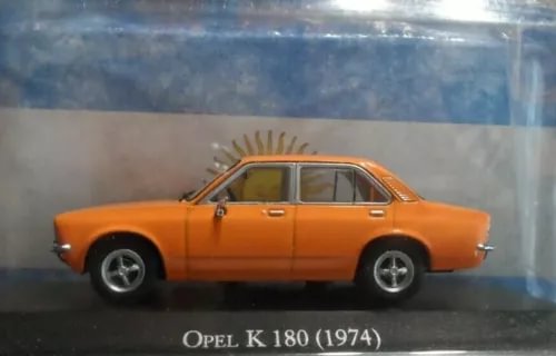 1974 Opel K180 1:43 diecast car, orange sedan in side view