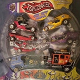 Diecast car collection: blister pack with multiple hot rod cars in red, yellow, purple, and blue