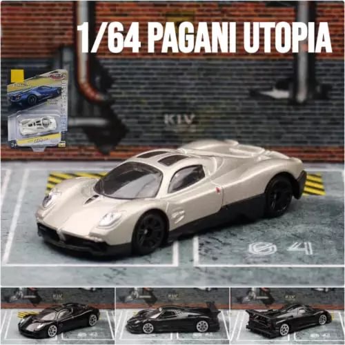 Silver Pagani Utopia 1/64 diecast model car with black wheels, front 3/4 view