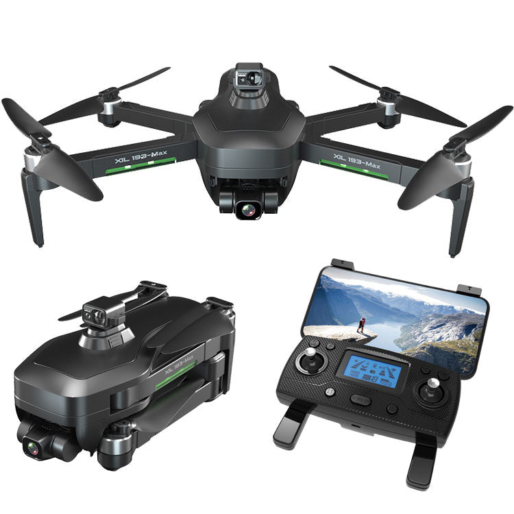 Dark gray quadcopter drone with front camera and foldable propellers, plus controller