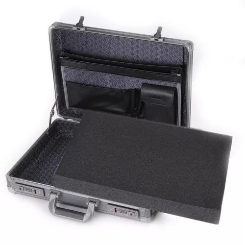 17-inch aluminum carrying case with foam insert and inner storage compartments