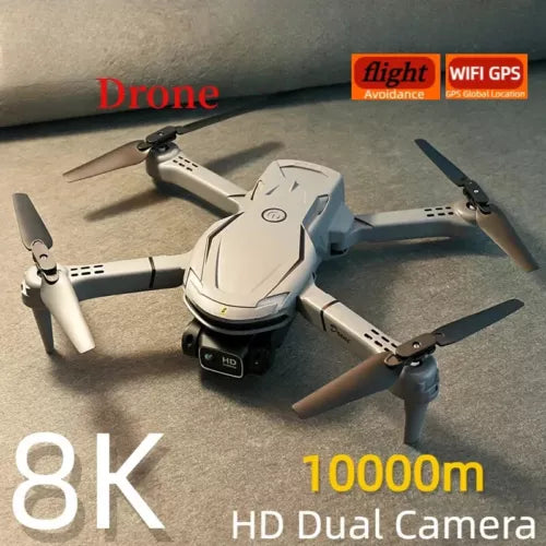Quadcopter drone with dual camera, four rotors, light gray body