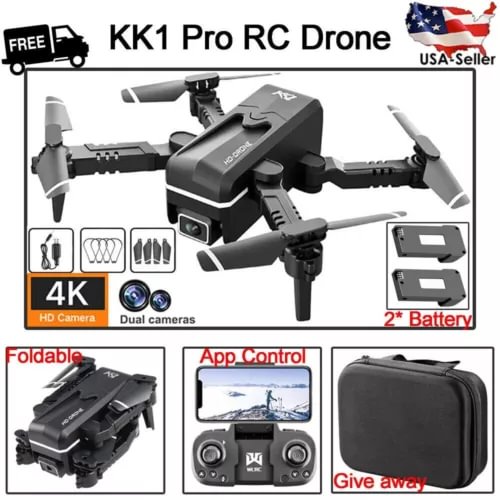 Foldable quadcopter RC drone with 4K dual cameras, app controller, two batteries and case