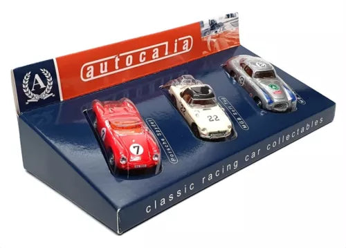 1/72 diecast car set in box, three race cars: red, gold, silver