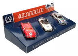 1/72 diecast car set in box, three race cars: red, gold, silver