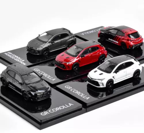 1:64 JDM GR Corolla diecast hatchback model cars on display base