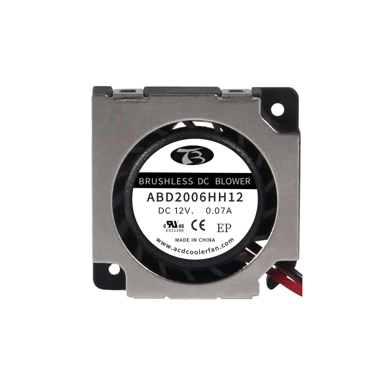 Brushless DC blower cooling fan with circular rotor, square frame, and red/black wire leads