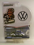 Classic Volkswagen Beetle diecast toy in blister package, green and blue with white wheels