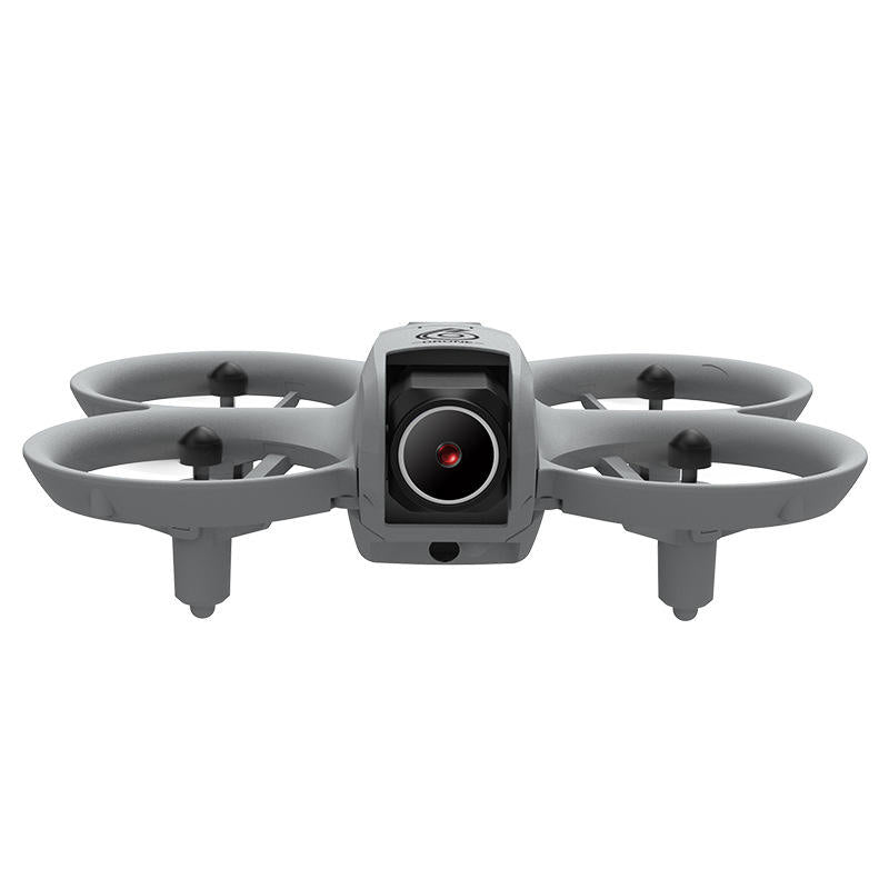 Gray mini quadcopter drone with front camera module and four propellers