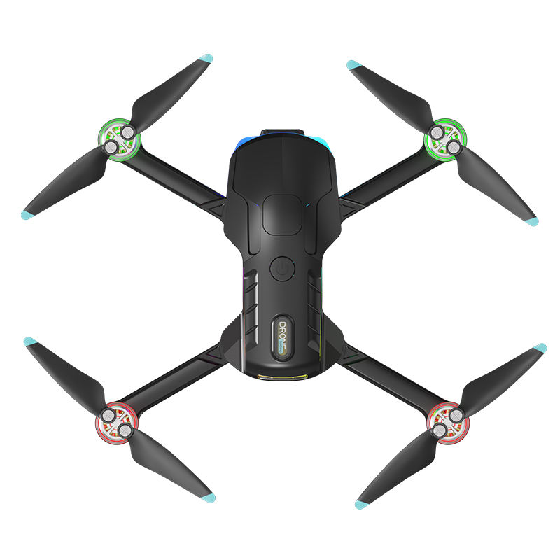 Black quadcopter drone with four propellers and front camera module