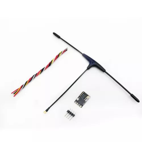 FPV drone receiver module with circuit board, colored leads, and two antennas