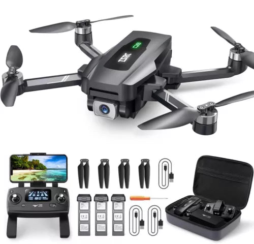 GPS quadcopter drone with 4K camera, remote, batteries, charger, and carrying case