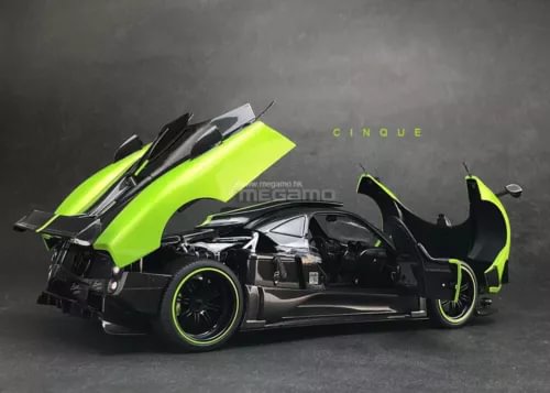1/18 scale diecast sports car, bright green and black open-wheel coupe