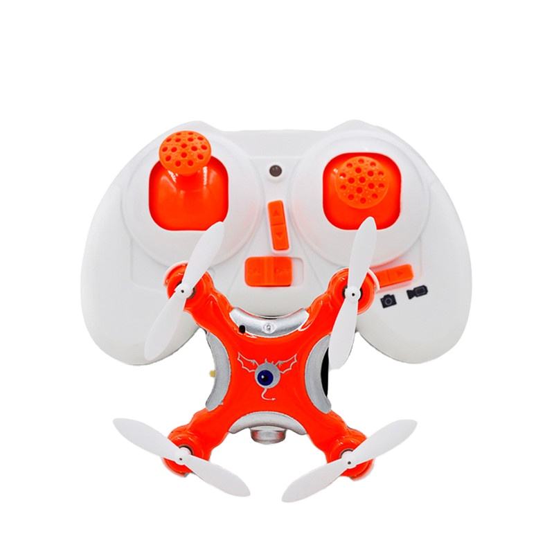 Mini quadcopter drone with four propellers, white and orange