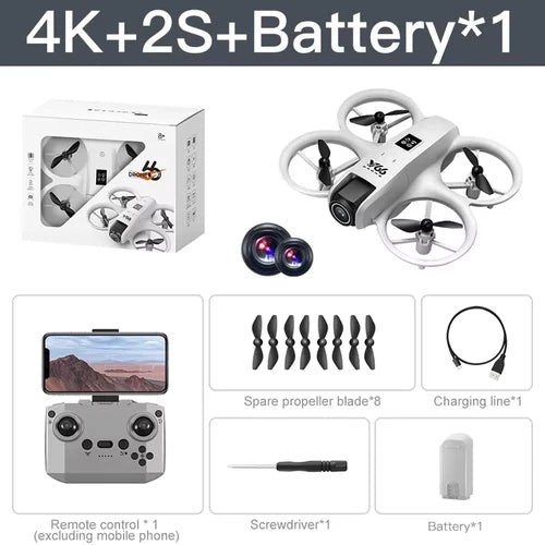 White mini quadcopter RC drone with four propellers and remote controller