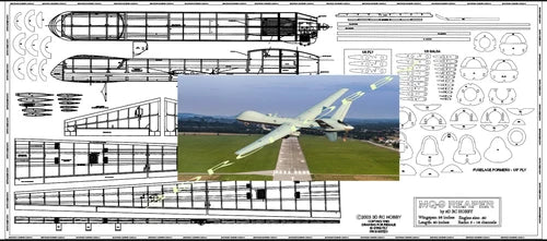 Laser-cut plywood UAV model kit with parts templates and instruction sheet