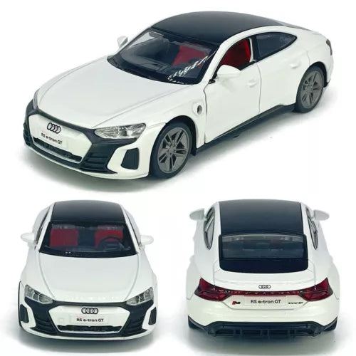 White Audi RS e-tron GT EV diecast model car with front and rear views