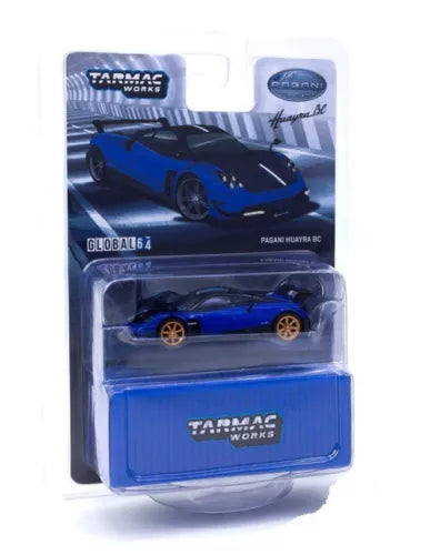 Tarmac Works Global64 blue Pagani Huayra BC diecast model car, blister packaging