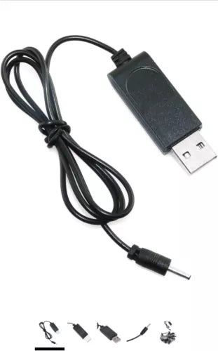 Black USB to charger cable with inline connector and multiple interchangeable tips