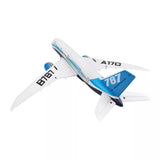 White-and-blue RC foam fixed-wing airplane glider with visible tail and winglets