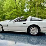 Diecast Corvette ZR-1 coupe, white, front side view with chrome wheels