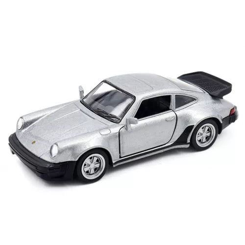 1:36 Porsche 911 Turbo diecast pull-back toy car, silver with black roof.