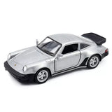 1:36 Porsche 911 Turbo diecast pull-back toy car, silver with black roof.