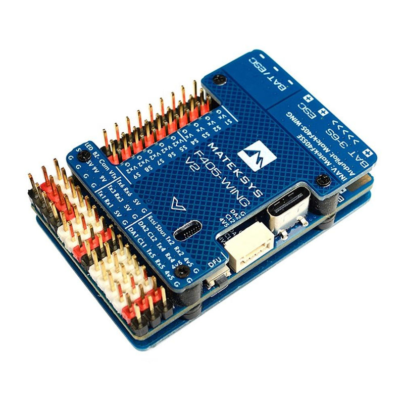 Blue F405 flight controller board with multi-pin connectors and USB port, for RC aircraft